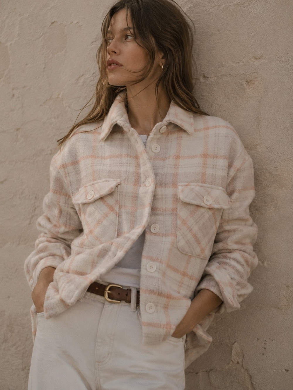 TWIK by Simons Plaid Oversized Shacket – Cream Beige & Soft Peach – Size S